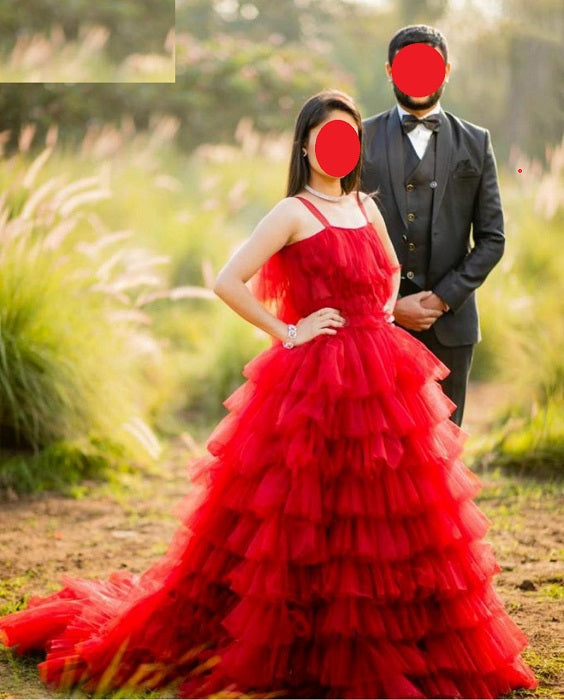 G637, Luxury Red Infinity Frill Maternity Shoot Trail Gown, Size