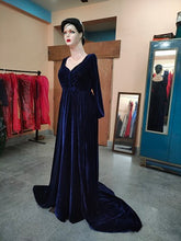 Load image into Gallery viewer, G14, Navy Blue Velvet Maternity Shoot Baby Shower Trail Lycra Body Fit Gown, Size (All)