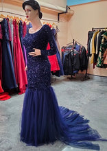 Load image into Gallery viewer, G321 (3), Blue Top Sequence with Bottom Lace Cutout Ball Gown, Size (All)