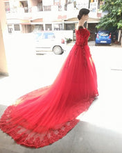 Load image into Gallery viewer, G217, Red Boat Neck Half Sleeves Long Trail Prewedding Gown Size, (XS-30 to L-38)