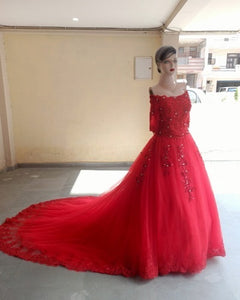 G217, Red Boat Neck Half Sleeves Long Trail Prewedding Gown Size, (XS-30 to L-38)