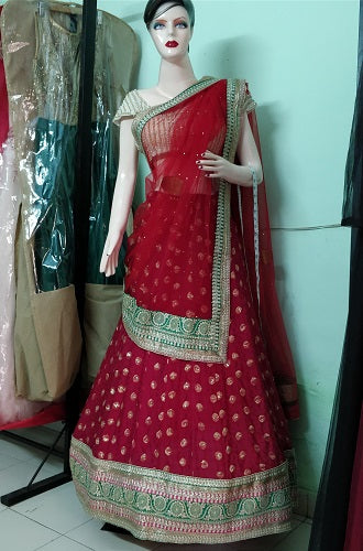 L71, Chanderi Print Red Lehenga, Size (XS-30 to XL-40)