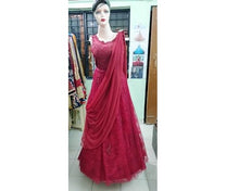Load image into Gallery viewer, G103, Wine Shimmer Saree Gown, Size (XS-30 to XXXL-46)