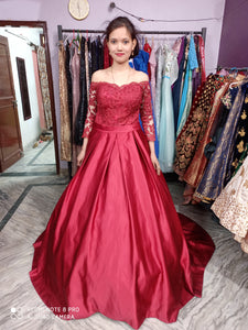 G133, Wine colour Satin Full Sleeves Trail Ball gown, Size (XS-30 to M-35)
