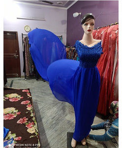 G300 (12), Royal Blue prewedding top lace work georgette long trail Gown, Size(All)