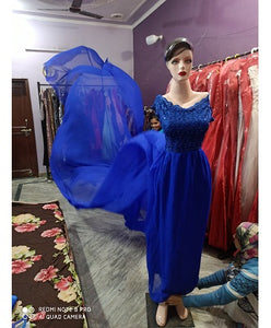 G300 (12), Royal Blue prewedding top lace work georgette long trail Gown, Size(All)