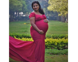G215 (4), Red Maternity Shoot Trail Baby Shower Lycra Body Fit Gown, Size(All)