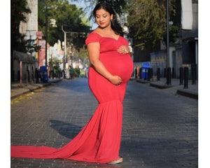 G215 (4), Red Maternity Shoot Trail Baby Shower  Lycra Fit Gown, Size(All)