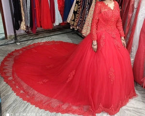 G216 (3) ,Red Full Sleeves Prewedding Long Trail Gown Size, (XS-30 to XL-40)