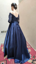 Load image into Gallery viewer, G327, Navy Blue Satin Off Shoulder Trail Ball gown, Size (XS-30 to L-40)