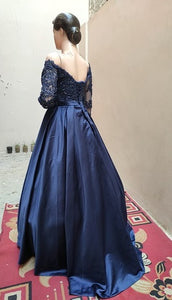 G327, Navy Blue Satin Off Shoulder Trail Ball gown, Size (XS-30 to L-40)