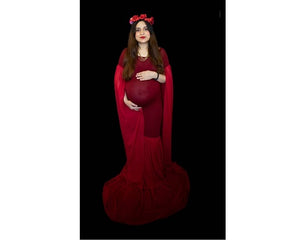 G181 (5) Wine Maternity Shoot Long Sleeves Trail Baby Shower Gown, Size (ALL)