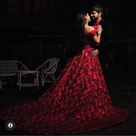 G437, Luxury Red Lace Foral PreWedding Long trail Gowns, Size (XS-30 to L-38)