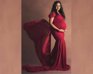 G231 (3), Wine Red Maternity Shoot Baby Shower Trail Lycra Body Fit Gown, Size (All)