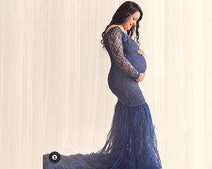 G221 (3), Navy Blue Fish Cut Maternity Shoot Baby Shower Gown, Size(All)