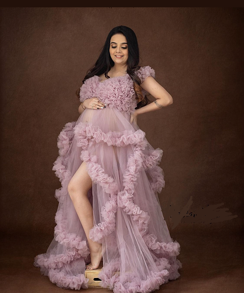 G2001, Peach Ruffled Maternity Shoot  Baby Shower Trail Gown With Inner, (All Sizes) pp