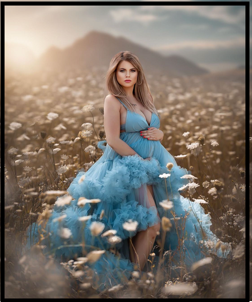 G2008, Dusty Sky Blue  Ruffled Shoot Trail Gown With Inner, Size(All) pp