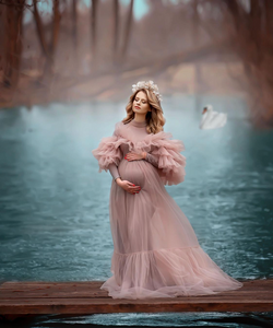 G2025, Peach Frilled Maternity  Shoot Trail Gown, Size (All)pp