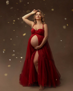 G2038, Wine Frilled Maternity Shoot Gown With Inner, Size (All)pp