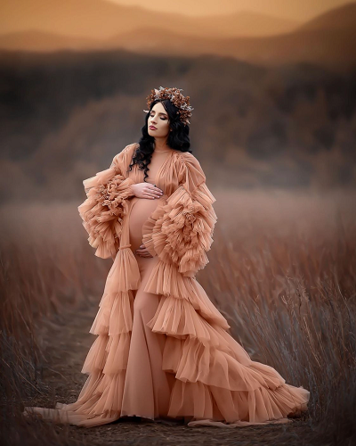 G2039, Orange Peach Frilled Maternity Shoot  Gown, Size (All)pp