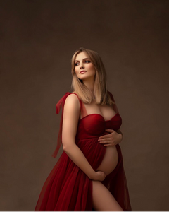 G2038, Wine Frilled Maternity Shoot Gown With Inner, Size (All)pp