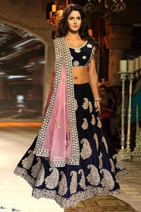 L18, Katrina Navy Blue Velvet Dabka Work Lehenga, Size (XS-30 to XL-40)