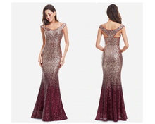 Load image into Gallery viewer, G157, Golden Copper Magenta Mermaid Cocktail Evening Gown, Size (XS-30 to L-36),