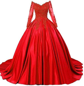 G529, Red Satin Semi Off Shoulder Full Sleeves Prewedding Shoot Trail Ball Gown, Size (XS-30 to XL-40)
