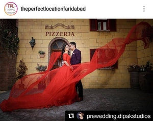 G129 (3), Red Off Shoulder half sleeves Trail Gown, Size (XS-30 to L-38)