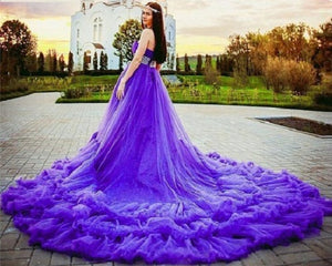 G240, Luxury Purple Ruffle Long Trail Ball Gown,  Size - (XS-30 to XL-40)