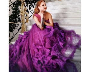 G240, Luxury Purple Ruffle Long Trail Ball Gown,  Size - (XS-30 to XL-40)