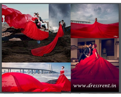 G129 (3), Red Offshoulder half sleeves Infinity Prewedding Shoot Trail Ball Gown, Size (XS-30 to L-38)