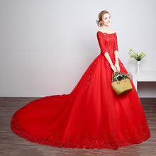 Load image into Gallery viewer, G217, Red Boat Neck Half Sleeves Long Trail Prewedding Gown Size, (XS-30 to L-38)