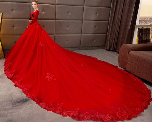 G216 (3) ,Red Full Sleeves Prewedding Long Trail Gown Size, (XS-30 to XL-40)