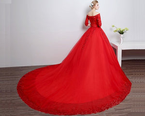 G217, Red Boat Neck Half Sleeves Long Trail Prewedding Gown Size, (XS-30 to L-38)