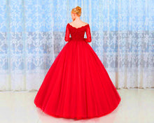 Load image into Gallery viewer, G335, Red Semi off Shoulder Ball Gown, Size (XS-30 to L-38)