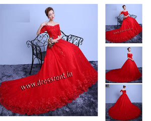 G129 (3), Red Offshoulder half sleeves Infinity Prewedding Shoot Trail Ball Gown, Size (XS-30 to L-38)