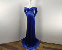 Load image into Gallery viewer, G241, Royal Blue Velvet Off Shoulder Full Sleeves Maternity Shoot Trail Baby Shower Gown,  Size - (XS-30 to XXL-44)