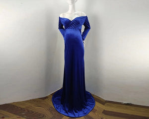 G241, Royal Blue Velvet Off Shoulder Full Sleeves Maternity Shoot Trail Baby Shower Gown,  Size - (XS-30 to XXL-44)