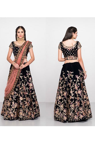 L27,Navy Blue Floral Embroidered Lehenga, Size (XS-30 to XXL-40)