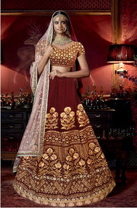 L11, Sabhyasachi style Maroon Velvet Lehenga, Size (XS-30 to XL-40)
