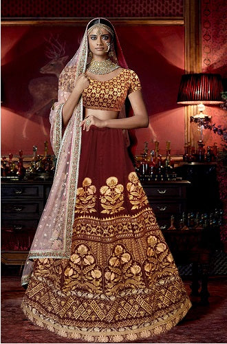 L11, Sabhyasachi style Maroon Velvet Lehenga, Size (XS-30 to XL-40)