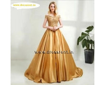 Load image into Gallery viewer, G176, Golden Off Shoulder Satin Ball Gown, Size (XS-30 to L-38)