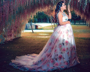 G210 (7), Light Pink Floral Maternity Shoot Baby Shower Trail Gown, Size (XS-30 to 4XL-48)