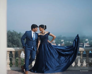 G132 (4), Navy Blue Satin Off Shoulder Trail Ball gown, Size (XS-30 to XL-40)