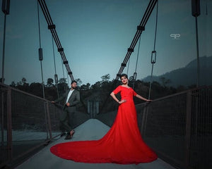 G129 (3), Red Offshoulder half sleeves Infinity Prewedding Shoot Trail Ball Gown, Size (XS-30 to L-38)
