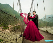Load image into Gallery viewer, G135 (5), Wine Prewedding Shoot Semi off Shoulder Ball Gown, Size (XS-30 to L-38)