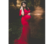 Load image into Gallery viewer, G42 (4),  Long Off Shoulder Wine Maternity shoot Baby Shower Lycra Body Fit Gown, Size (ALL)