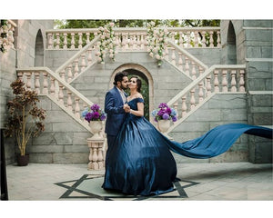 G132 (5), Navy Blue Satin Off Shoulder Trail Ball gown