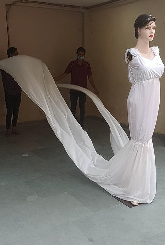 G47, White Maternity Baby Shower Long Trail Lycra Fit Gown, Size